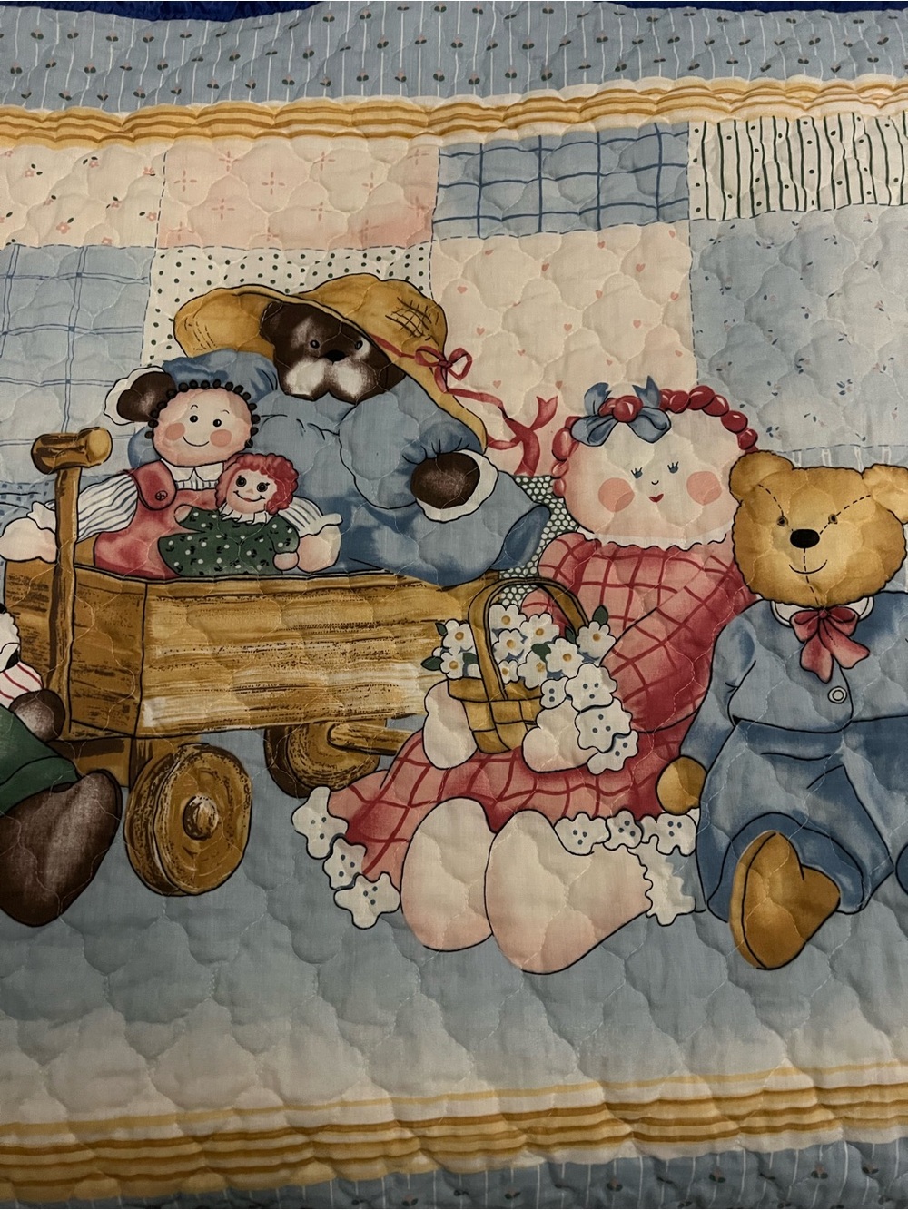 90’s baby Quilt Panel with Teddy Bears and Dolls - Blue/Pink with ditsy flower